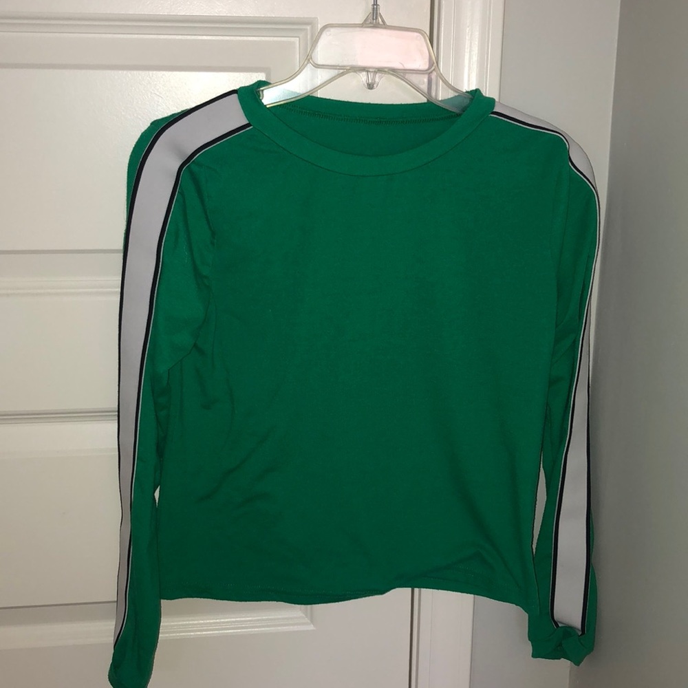 women’s green long sleeve tee with white stripes